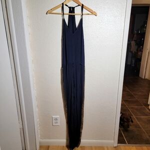 Karina Grimaldi 100% Silk Beaded Halter Jumpsuit sz XS Navy Gold Accent